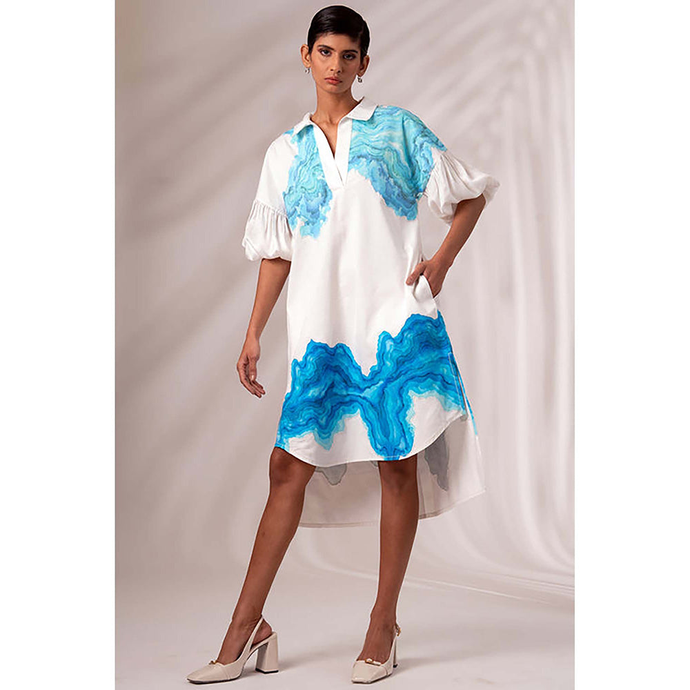 MADDER MUCH White Cotton Collar Neck Abstract Midi Dress