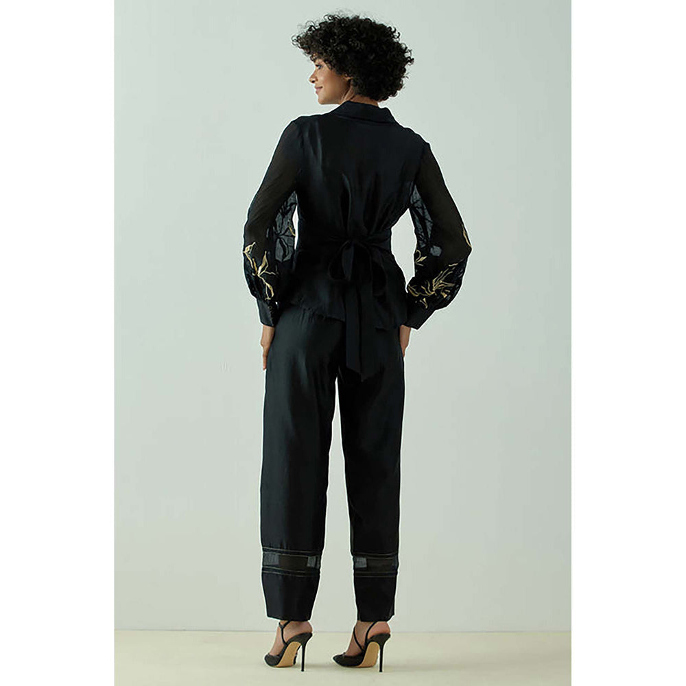 MADDER MUCH Cotton Black V-Neck Stripes Top With Pant Co-Ord's