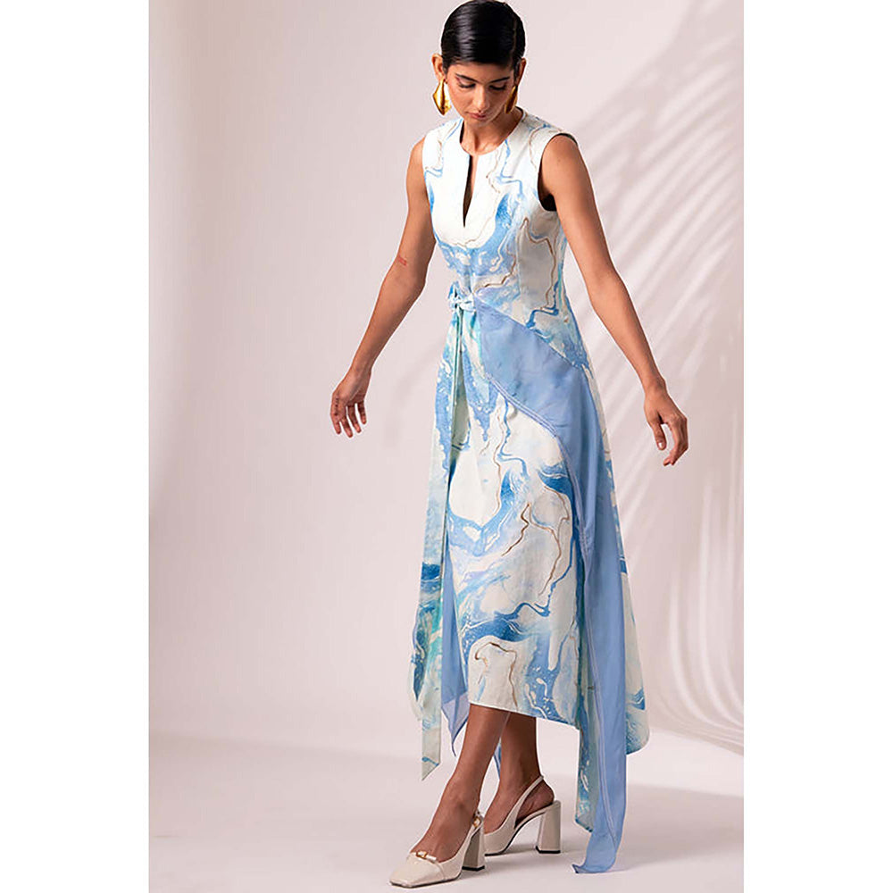 MADDER MUCH Blue Cotton Round Neck Abstract Midi Dress