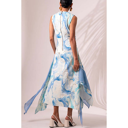 MADDER MUCH Blue Cotton Round Neck Abstract Midi Dress