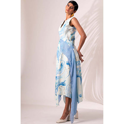 MADDER MUCH Blue Cotton Round Neck Abstract Midi Dress