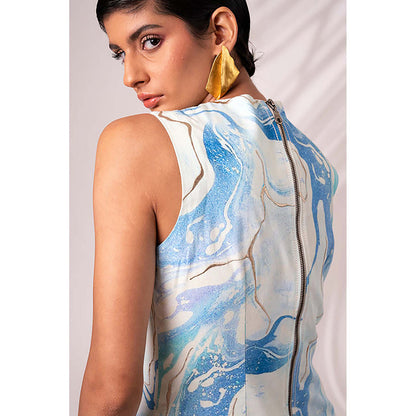 MADDER MUCH Blue Cotton Round Neck Abstract Midi Dress