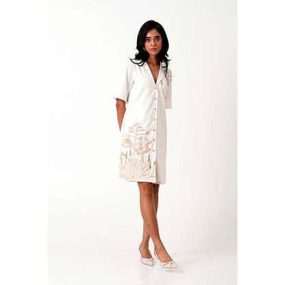 MADDER MUCH White Cotton Notched Lapel Embroidered A-Line Mini Dress
