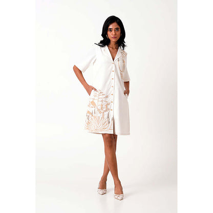 MADDER MUCH White Cotton Notched Lapel Embroidered A-Line Mini Dress