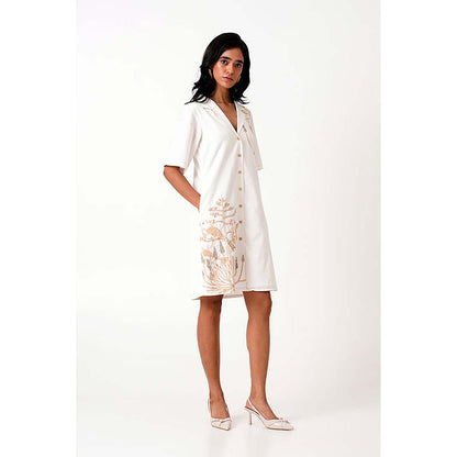 MADDER MUCH White Cotton Notched Lapel Embroidered A-Line Mini Dress