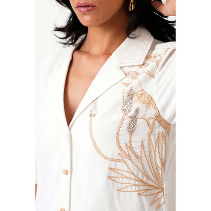MADDER MUCH White Cotton Notched Lapel Embroidered A-Line Mini Dress