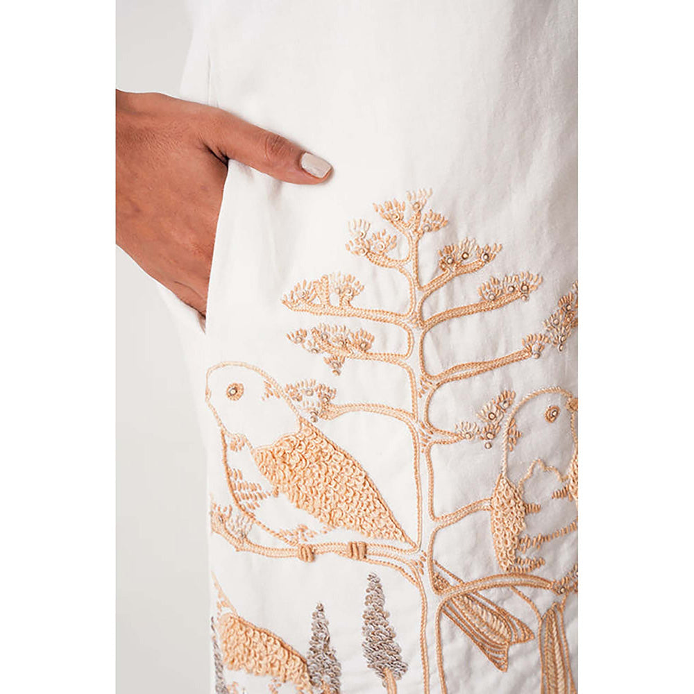 MADDER MUCH White Cotton Notched Lapel Embroidered A-Line Mini Dress