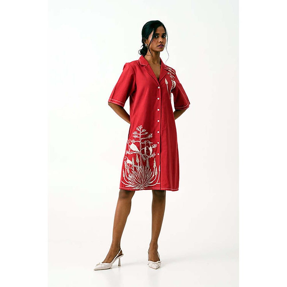 MADDER MUCH Red Cotton Notched Lapel Embroidered Knee Length Dress