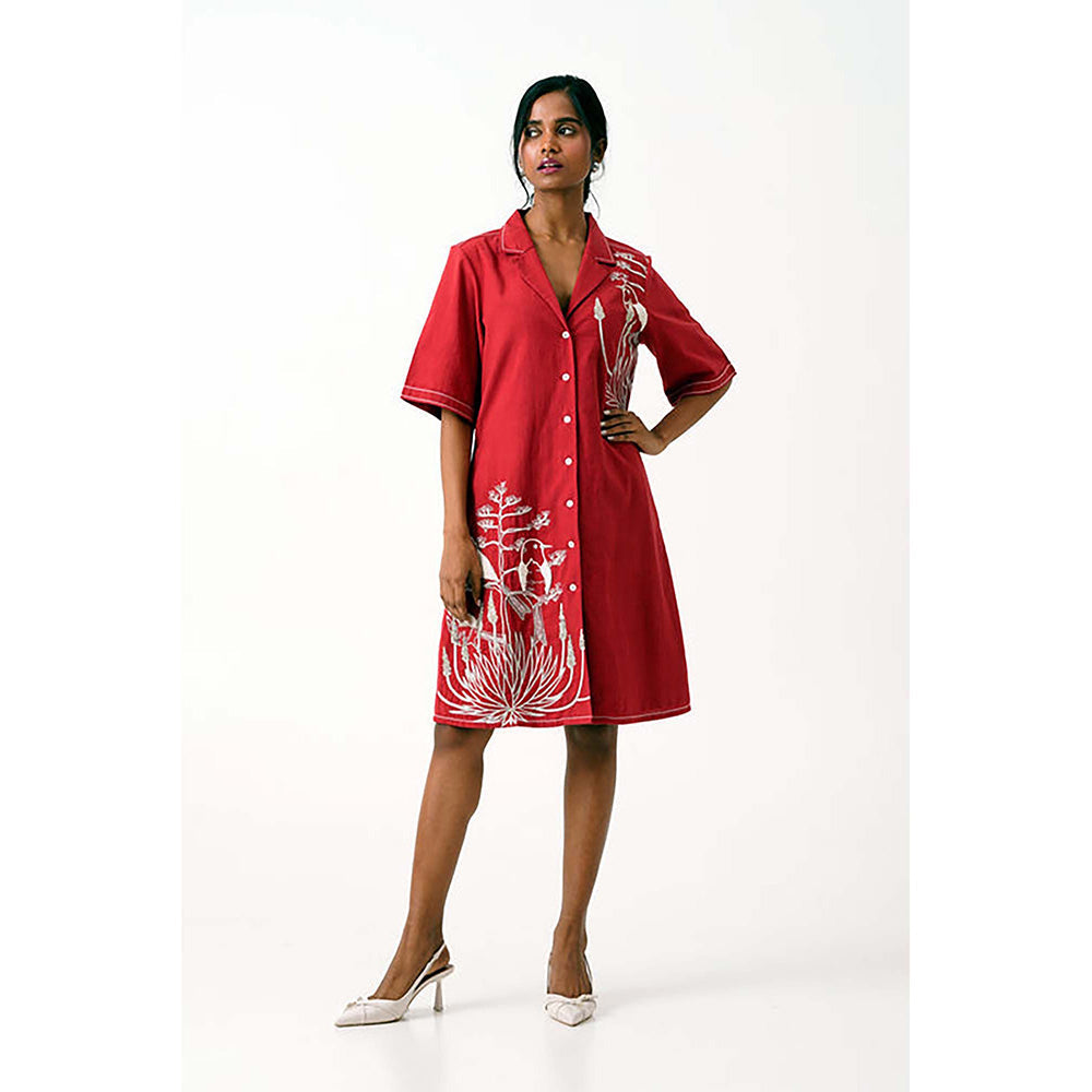 MADDER MUCH Red Cotton Notched Lapel Embroidered Knee Length Dress