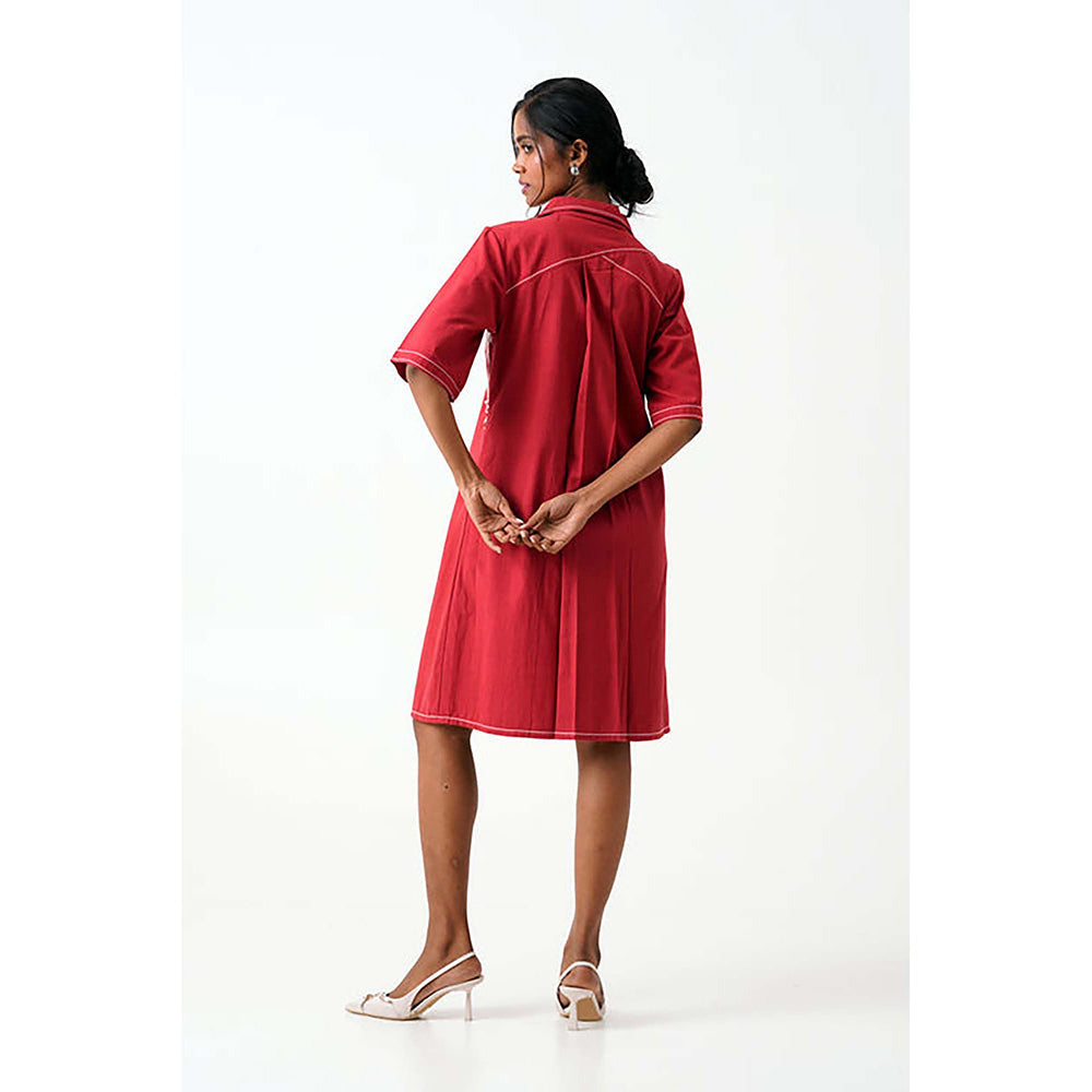 MADDER MUCH Red Cotton Notched Lapel Embroidered Knee Length Dress