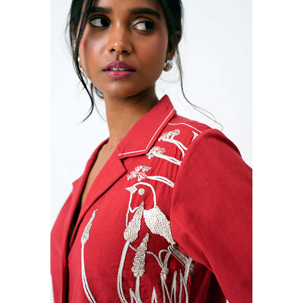 MADDER MUCH Red Cotton Notched Lapel Embroidered Knee Length Dress