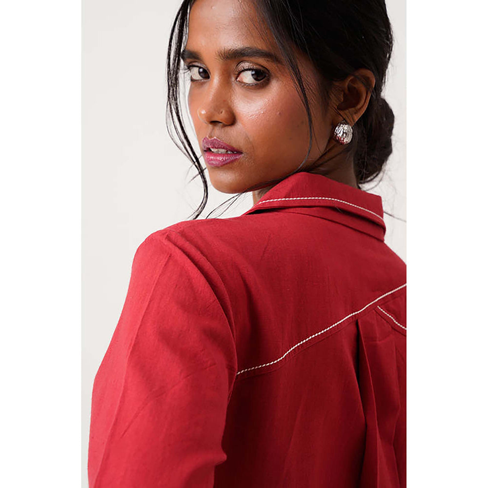 MADDER MUCH Red Cotton Notched Lapel Embroidered Knee Length Dress