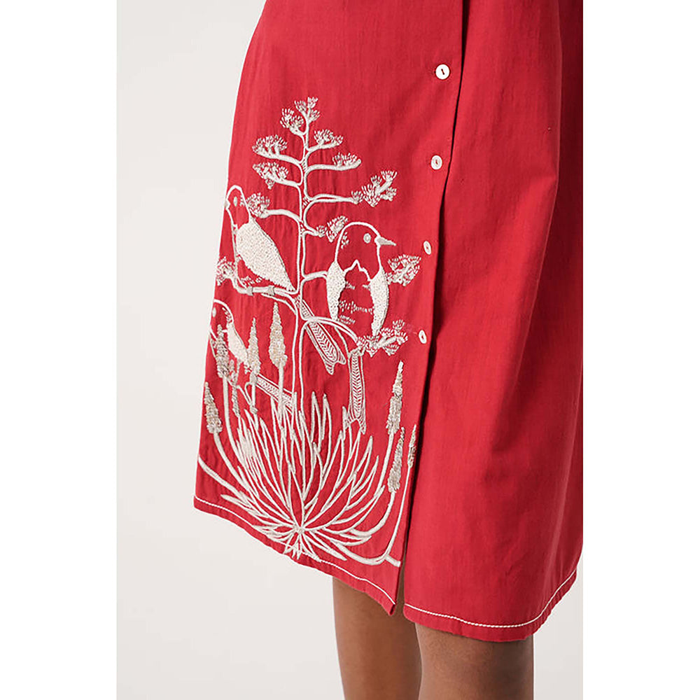 MADDER MUCH Red Cotton Notched Lapel Embroidered Knee Length Dress