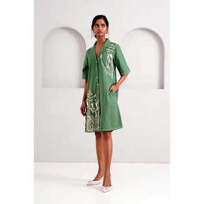 MADDER MUCH Pine Green Taiwo - Embroidered Shirt Dress