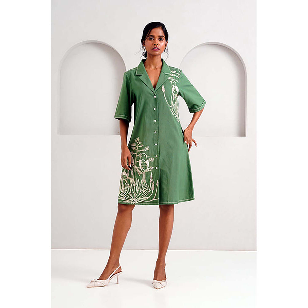 MADDER MUCH Pine Green Taiwo - Embroidered Shirt Dress