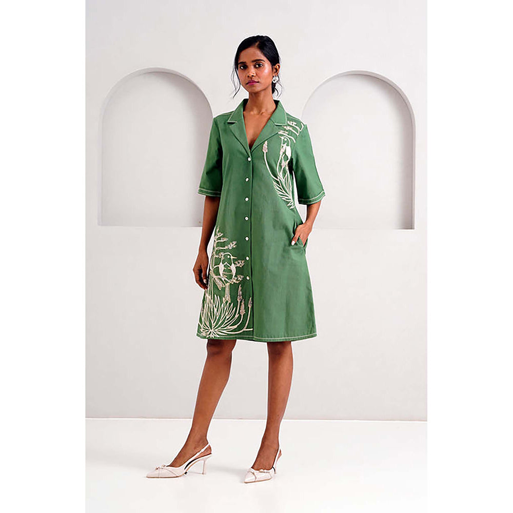 MADDER MUCH Pine Green Taiwo - Embroidered Shirt Dress