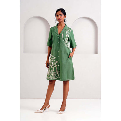 MADDER MUCH Pine Green Taiwo - Embroidered Shirt Dress