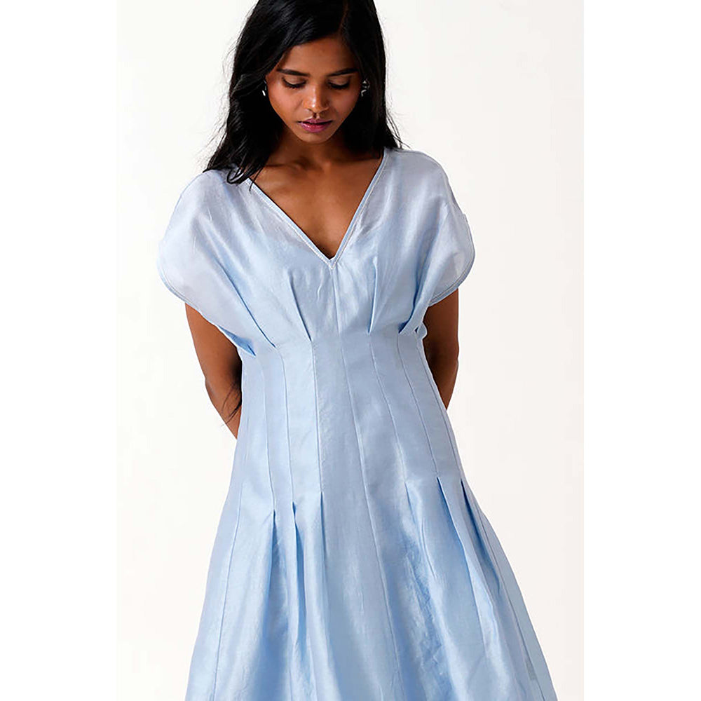 MADDER MUCH Blue Cotton V-Neck Solid/Plain Midi Dress