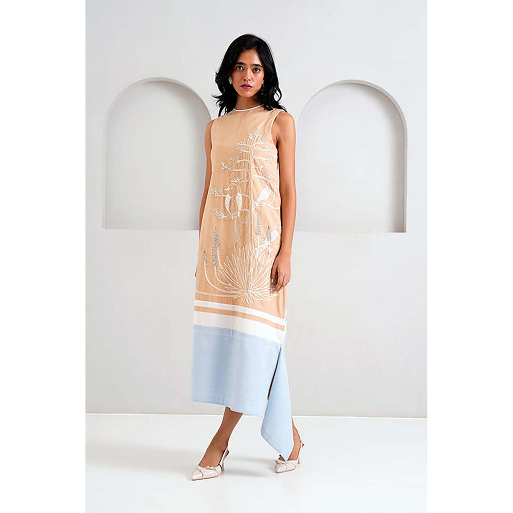 MADDER MUCH Beige Cotton Crew Neck Embroidered A-Line Midi