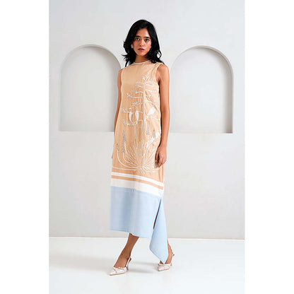 MADDER MUCH Beige Cotton Crew Neck Embroidered A-Line Midi