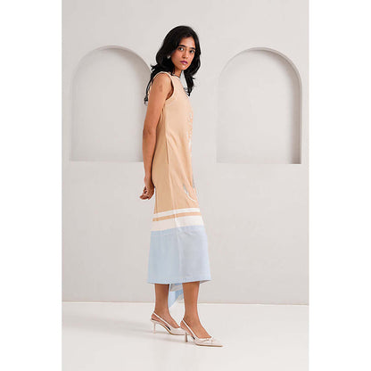 MADDER MUCH Beige Cotton Crew Neck Embroidered A-Line Midi