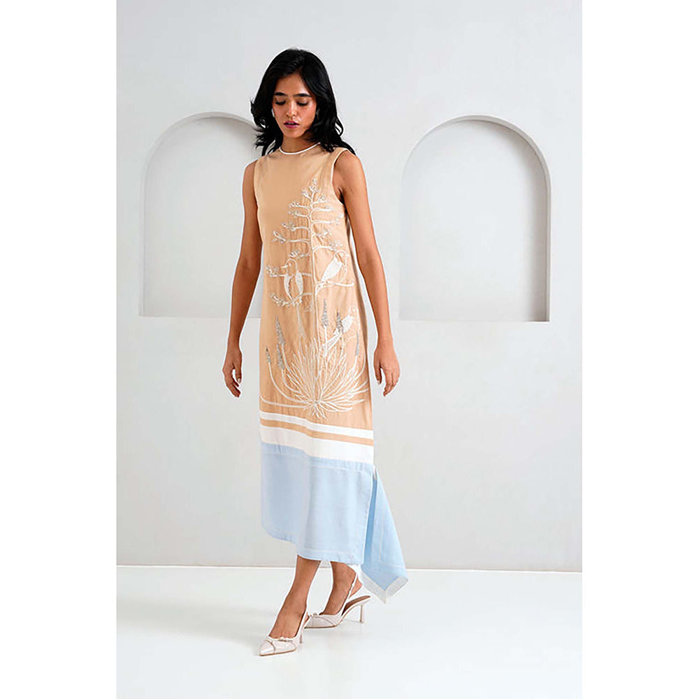 MADDER MUCH Beige Cotton Crew Neck Embroidered A-Line Midi