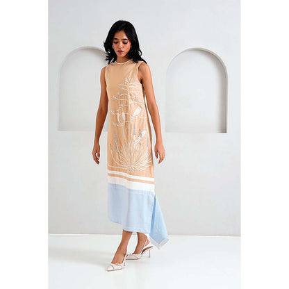 MADDER MUCH Beige Cotton Crew Neck Embroidered A-Line Midi