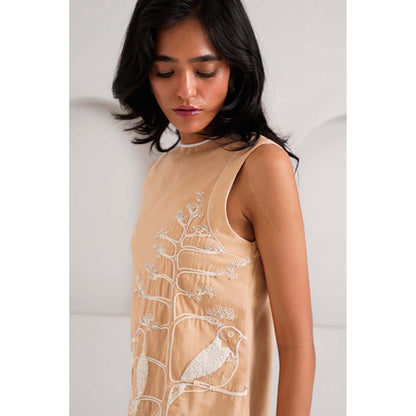 MADDER MUCH Beige Cotton Crew Neck Embroidered A-Line Midi