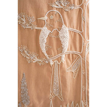 MADDER MUCH Beige Cotton Crew Neck Embroidered A-Line Midi