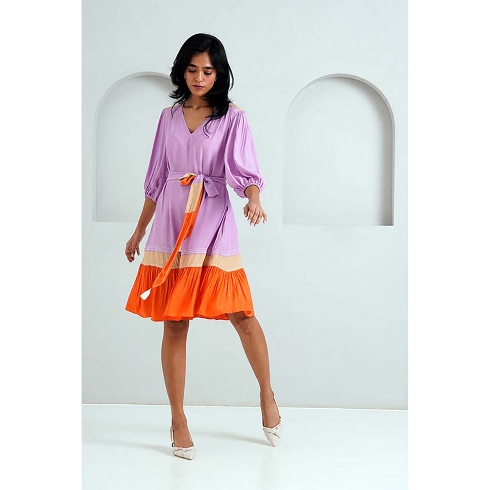 MADDER MUCH Purple Italian Crepe V-Neck Solid A-Line Mini Dress