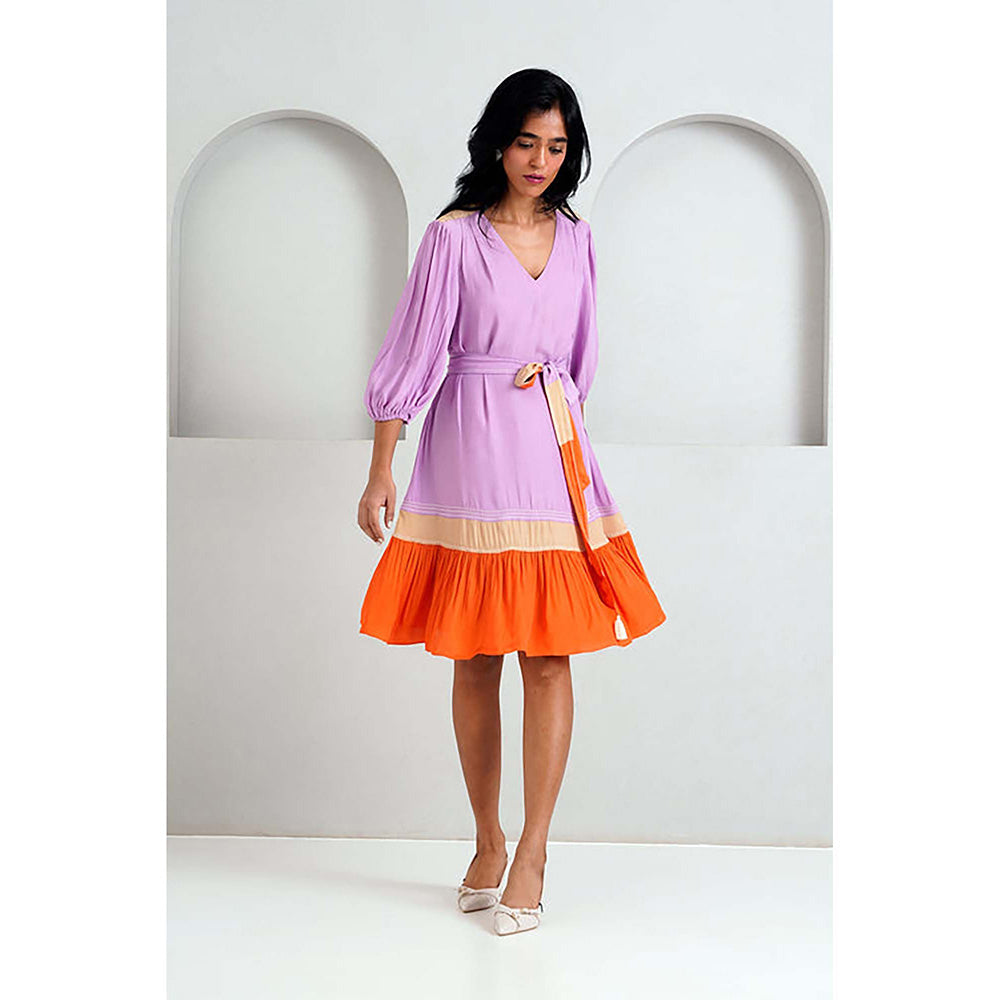 MADDER MUCH Purple Italian Crepe V-Neck Solid A-Line Mini Dress