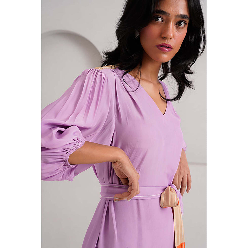 MADDER MUCH Purple Italian Crepe V-Neck Solid A-Line Mini Dress