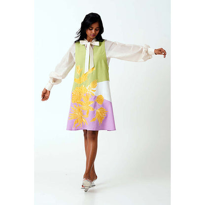 MADDER MUCH Multi-Color Cotton V-Neck Floral A-Line Mini Dress With Shirt