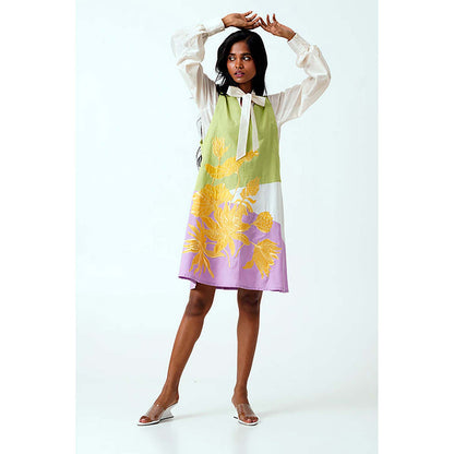 MADDER MUCH Multi-Color Cotton V-Neck Floral A-Line Mini Dress With Shirt