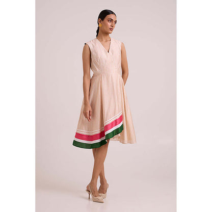 MADDER MUCH Peach Cotton V-Neck Stripes Midi Dress