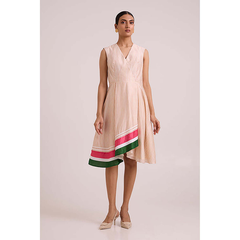 MADDER MUCH Peach Cotton V-Neck Stripes Midi Dress