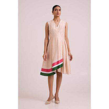 MADDER MUCH Peach Cotton V-Neck Stripes Midi Dress