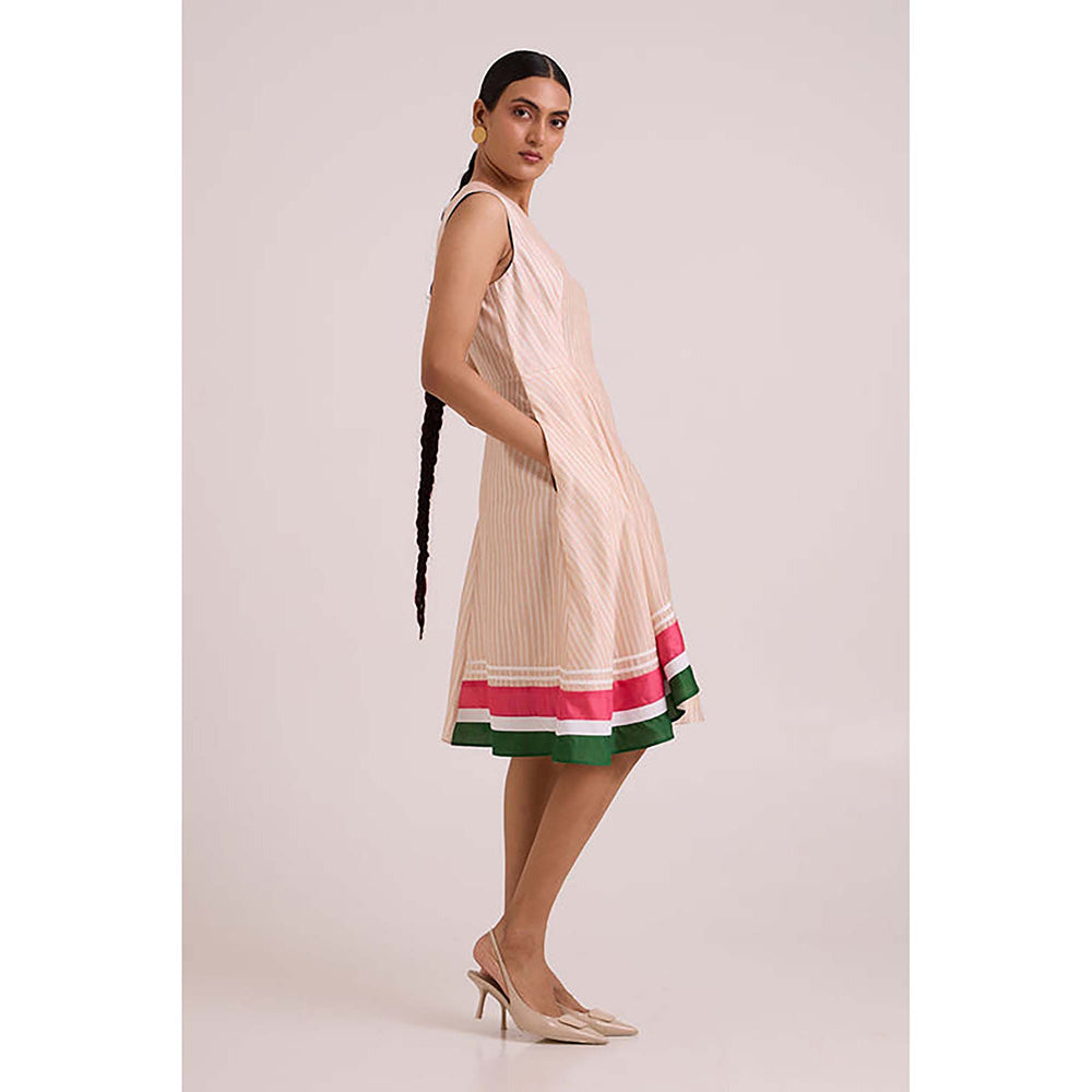 MADDER MUCH Peach Cotton V-Neck Stripes Midi Dress