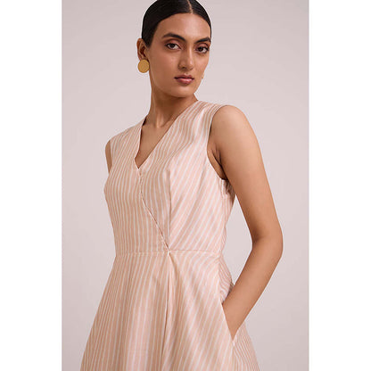 MADDER MUCH Peach Cotton V-Neck Stripes Midi Dress