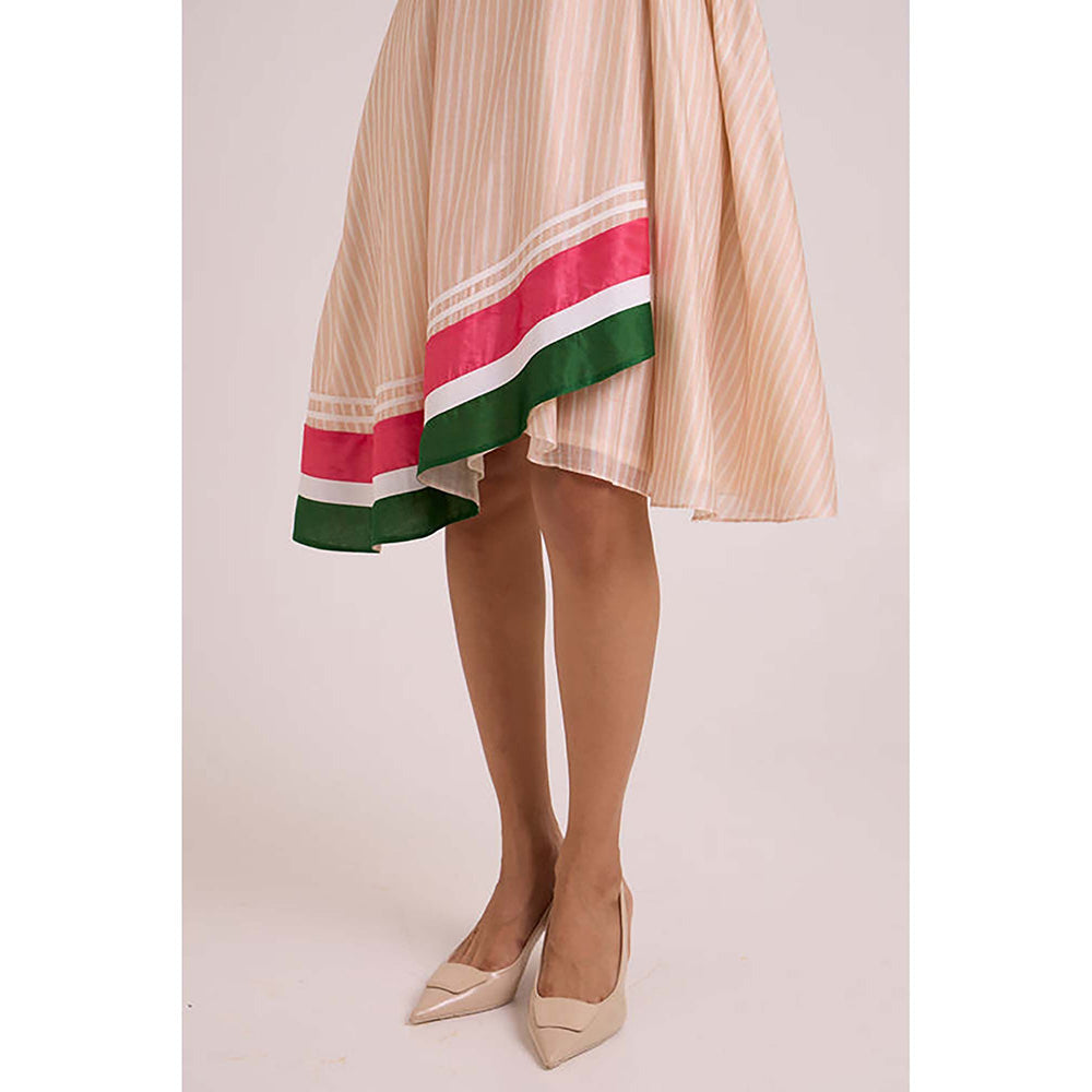 MADDER MUCH Peach Cotton V-Neck Stripes Midi Dress