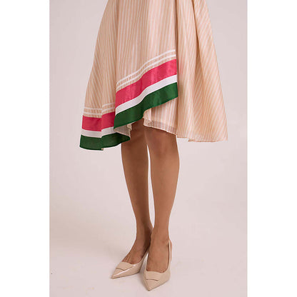 MADDER MUCH Peach Cotton V-Neck Stripes Midi Dress