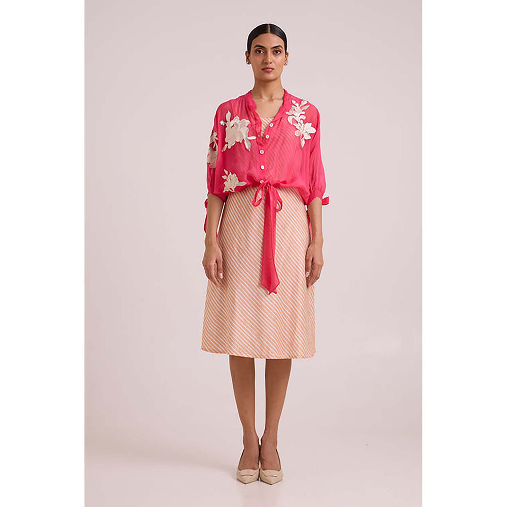 MADDER MUCH Pink Cotton Round Neck Stripes Dress With Jacket