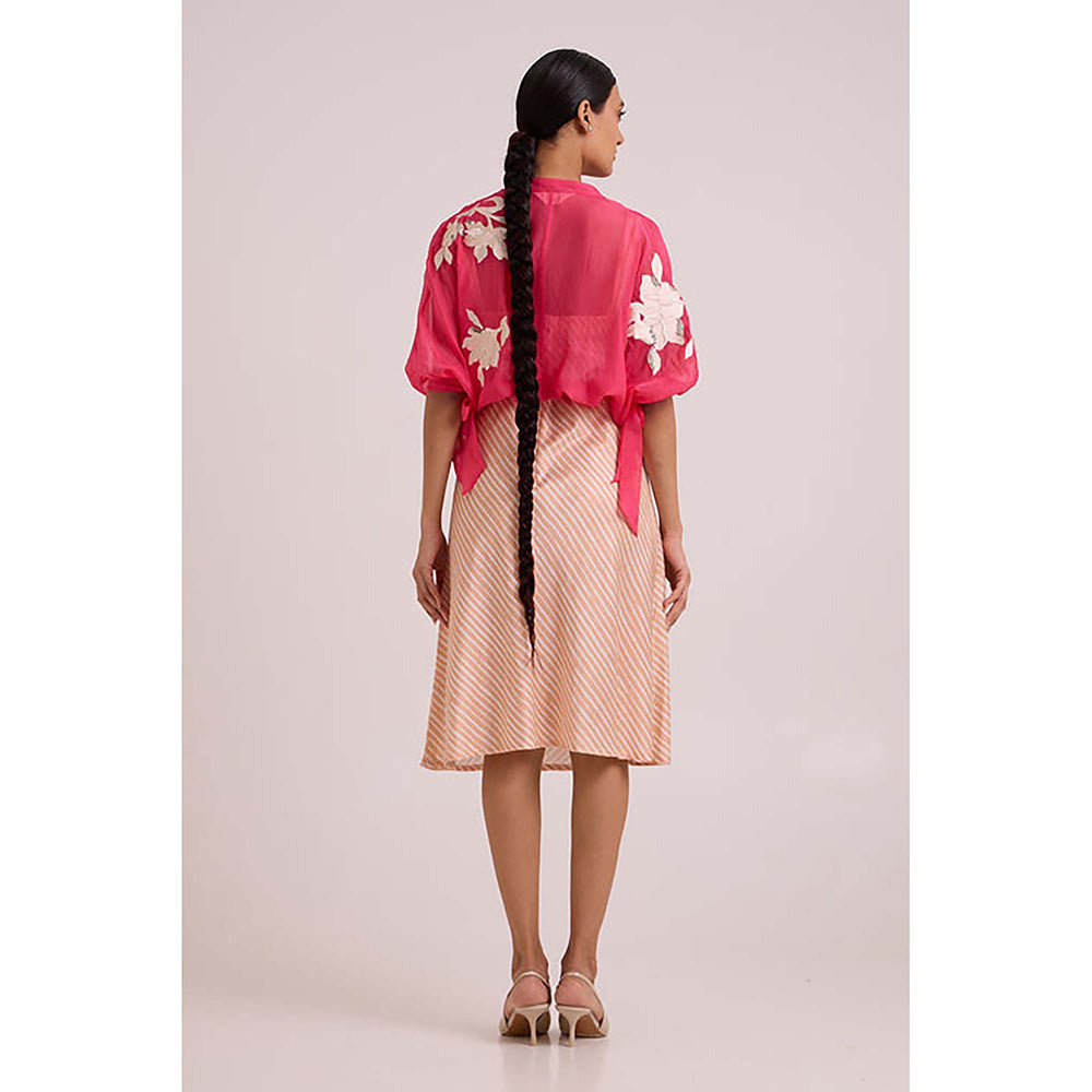 MADDER MUCH Pink Cotton Round Neck Stripes Dress With Jacket