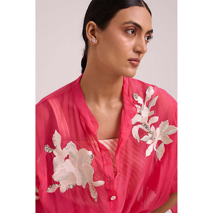 MADDER MUCH Pink Cotton Round Neck Stripes Dress With Jacket