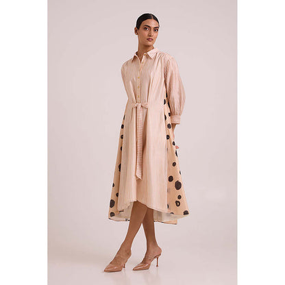 MADDER MUCH Pink Chanderi Collar Neck Stripes A-Line Midi Dress