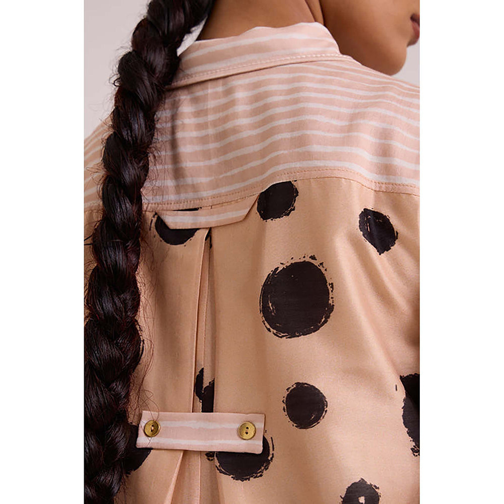 MADDER MUCH Pink Chanderi Collar Neck Stripes A-Line Midi Dress