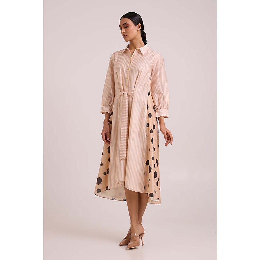 MADDER MUCH Pink Chanderi Collar Neck Stripes A-Line Midi Dress