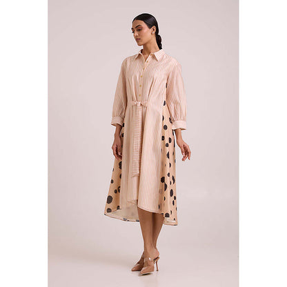 MADDER MUCH Pink Chanderi Collar Neck Stripes A-Line Midi Dress