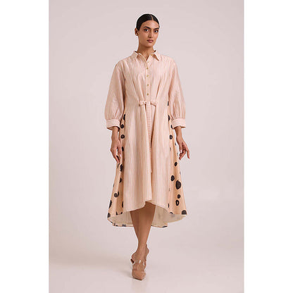 MADDER MUCH Pink Chanderi Collar Neck Stripes A-Line Midi Dress