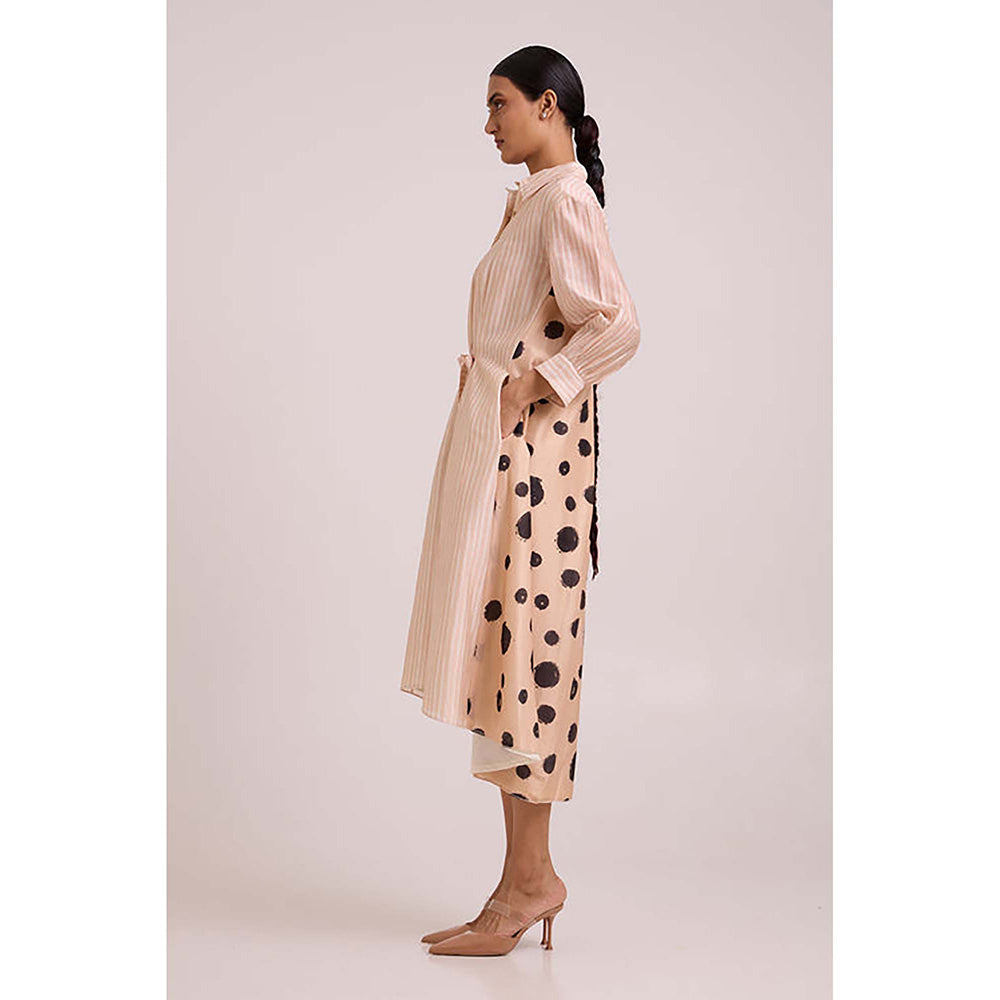 MADDER MUCH Pink Chanderi Collar Neck Stripes A-Line Midi Dress